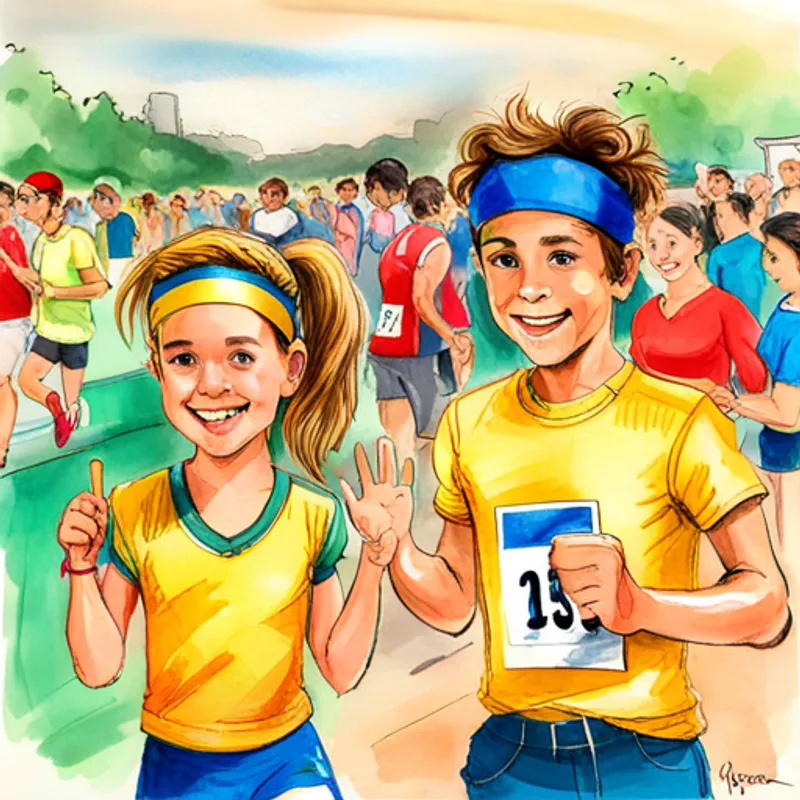 A boy with red running shoes, wearing a blue headband and A girl with a yellow t-shirt and a ponytail smiling and waving at the race registration booth