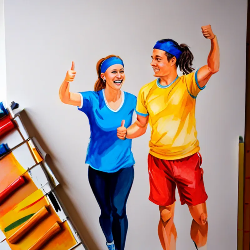 A girl with a yellow t-shirt and a ponytail cheering A boy with red running shoes, wearing a blue headband on with a confident thumbs-up