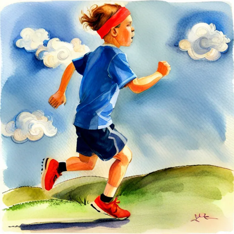 A boy with red running shoes, wearing a blue headband running uphill with determination and joy