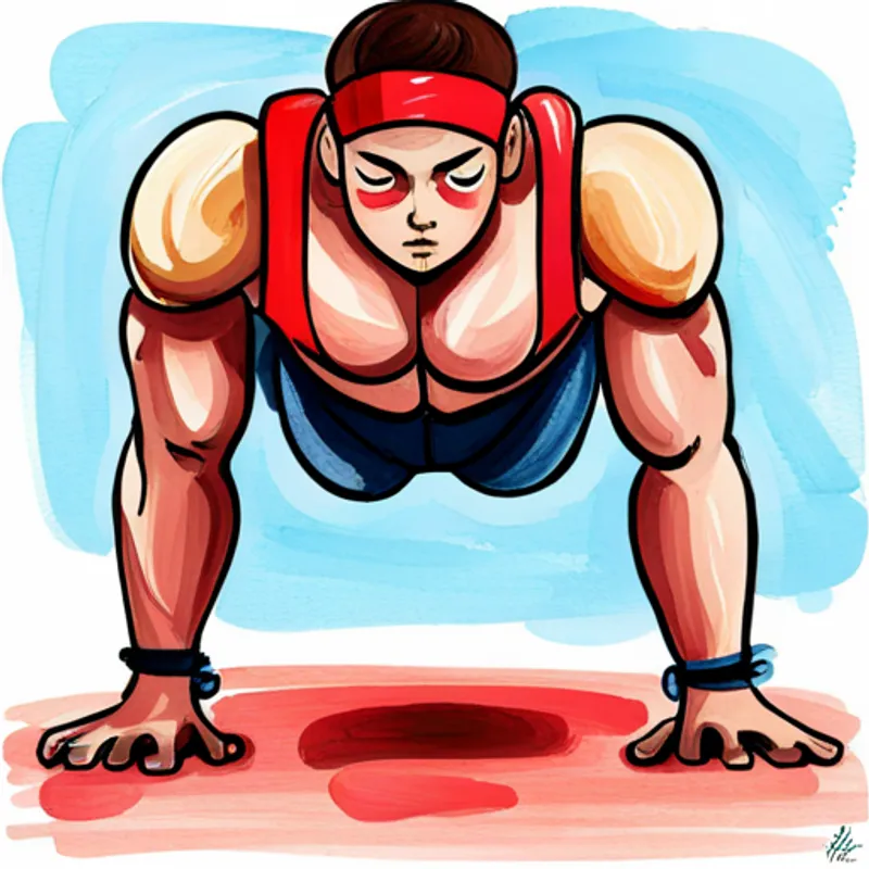 A boy with red running shoes, wearing a blue headband doing push-ups and squats with a determined look