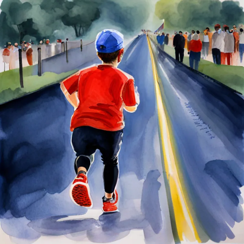 A boy with red running shoes, wearing a blue headband at the starting line, bouncing up and down with anticipation