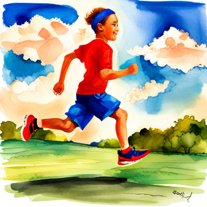 A boy with red running shoes, wearing a blue headband running with determination and a big smile