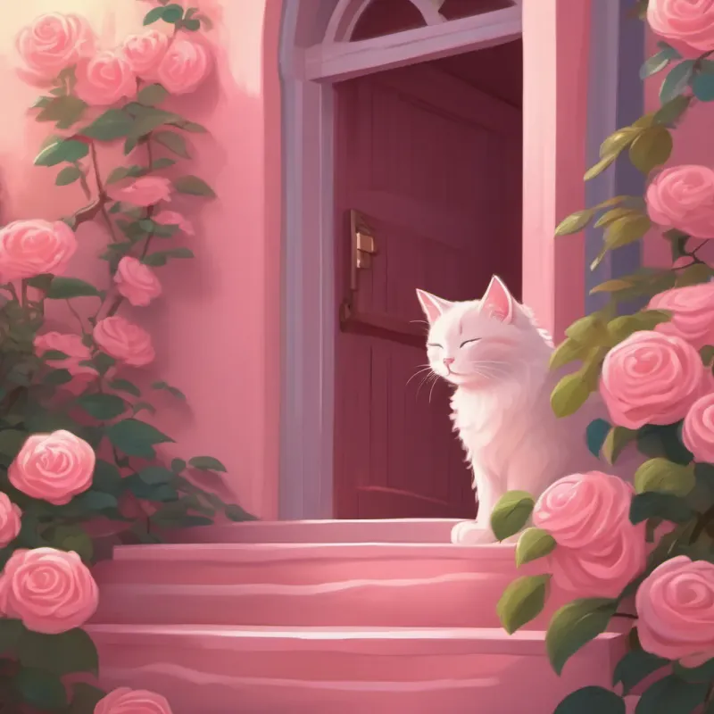 a small, cozy corner of a rose-colored house, with a soft, pink kitten sleeping peacefully
