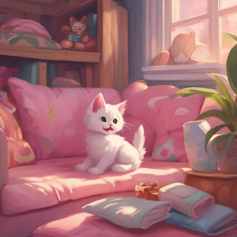 close-up of the pink kitten yawning and twitching her nose while surrounded by plush cushions