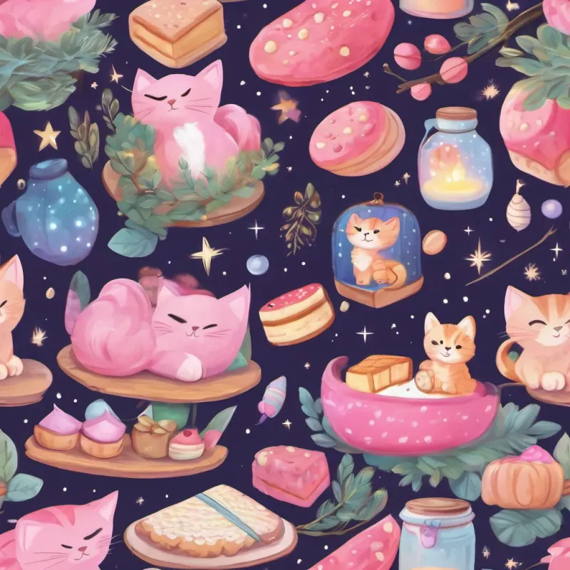 pink, soft-furred kitten with a curious and adventurous spirit, exploring the outdoors dreaming, with images of a nighttime picnic, cookies, milk, and her friends under the starry sky