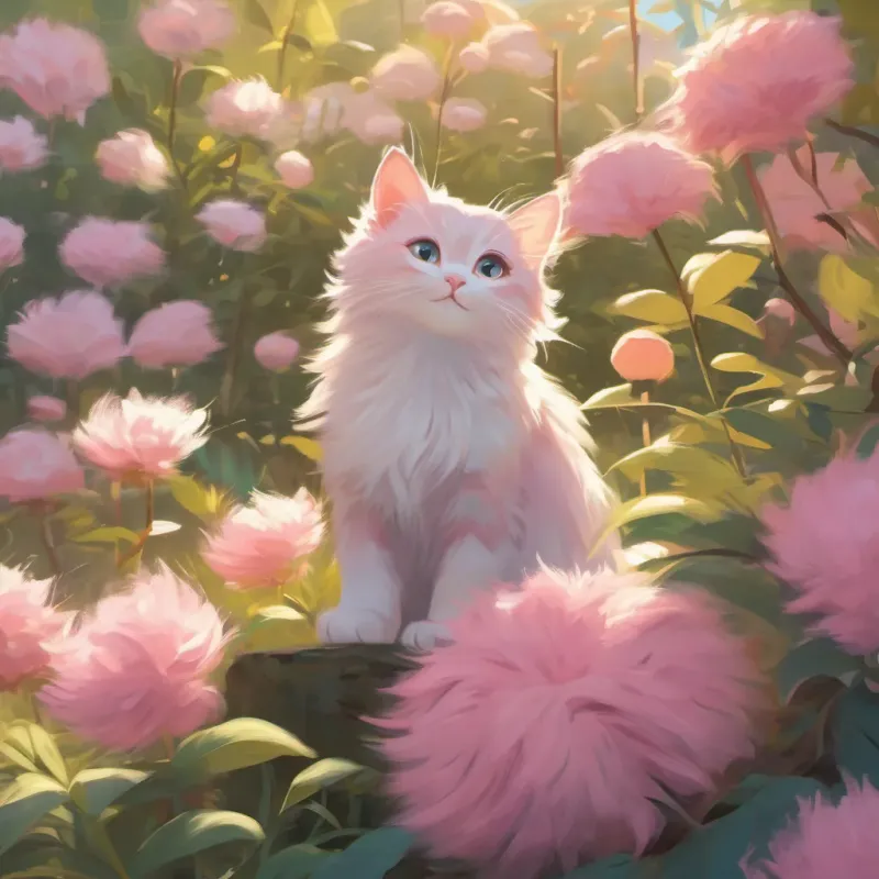 pink, soft-furred kitten with a curious and adventurous spirit, exploring the outdoors waking up, smiling as the morning sun shines again, with her friends around her