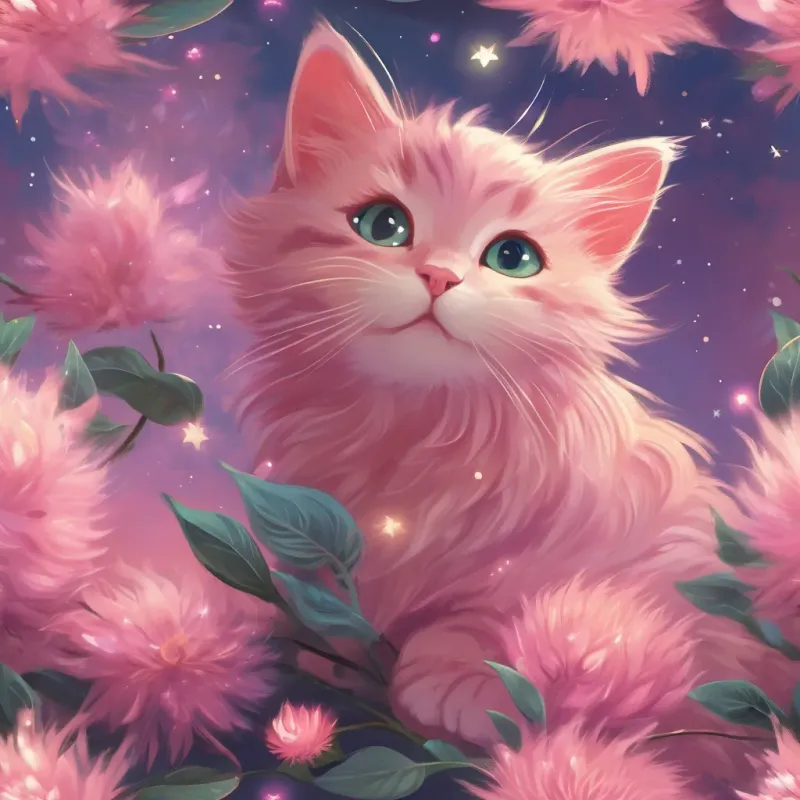 pink, soft-furred kitten with a curious and adventurous spirit, exploring the outdoors the pink kitten dreaming, with floating images of fairies, wind swirls, and sparkling stars