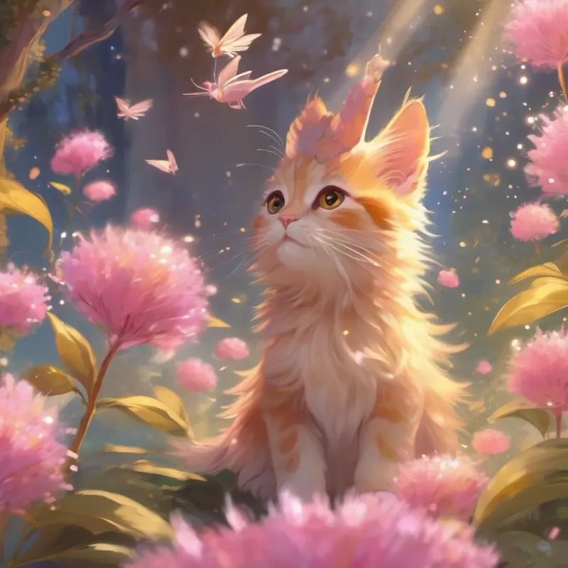 fairies flying around, sprinkling golden magic dust over pink, soft-furred kitten with a curious and adventurous spirit, exploring the outdoors as she dreams