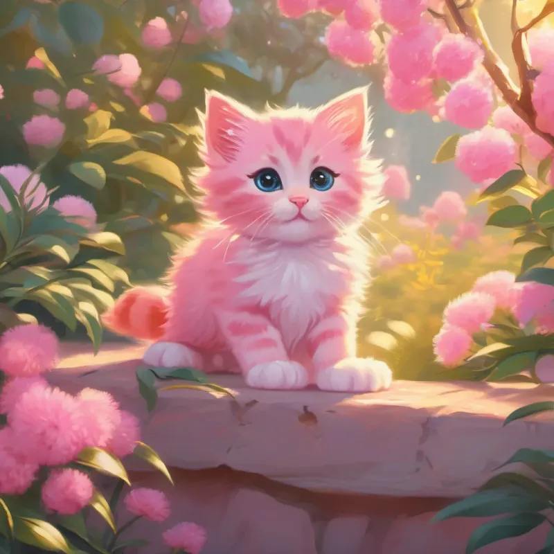 pink, soft-furred kitten with a curious and adventurous spirit, exploring the outdoors the pink kitten stretching and smiling as the sun rises, casting a golden glow