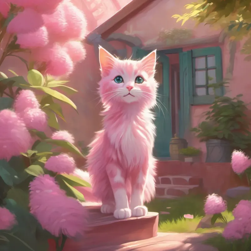 pink, soft-furred kitten with a curious and adventurous spirit, exploring the outdoors the pink kitten stepping out of the house, with her fur glowing in the sunlight as she begins her adventure