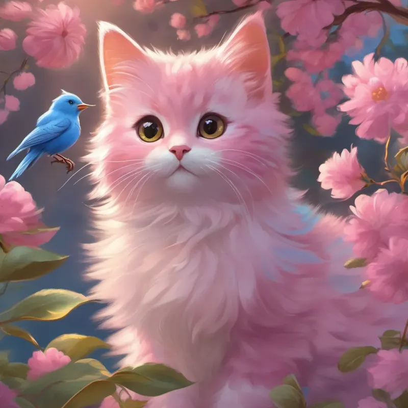 pink, soft-furred kitten with a curious and adventurous spirit, exploring the outdoors the pink kitten meeting a bluebird, with the bluebird singing cheerfully