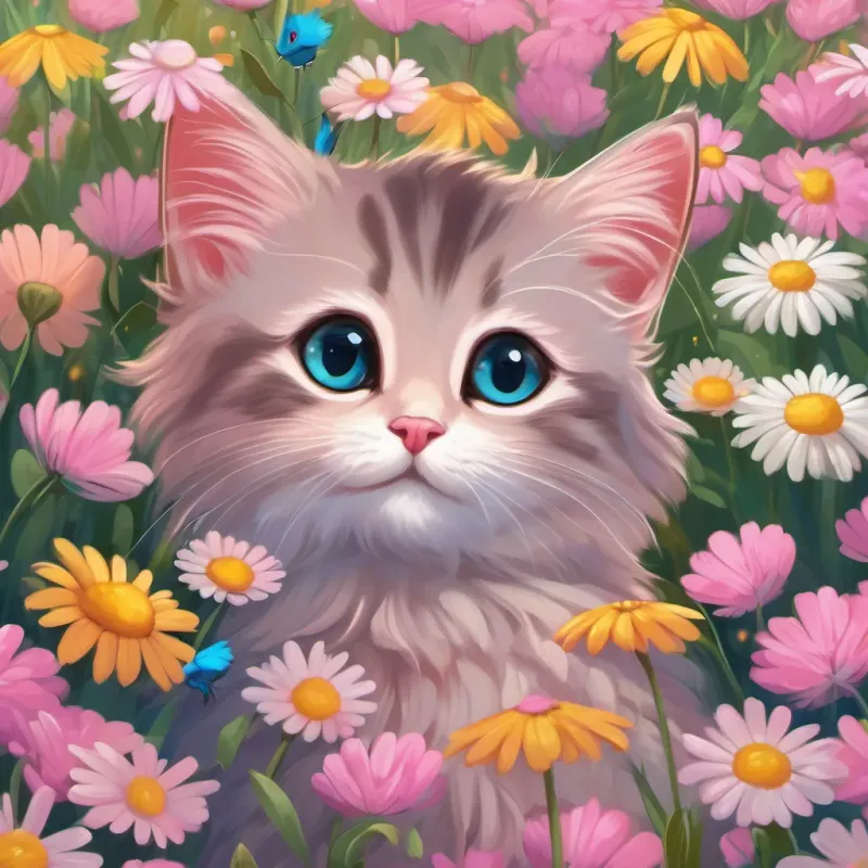 pink, soft-furred kitten with a curious and adventurous spirit, exploring the outdoors and the bluebird dancing and twirling through colorful fields of daisies and dandelions