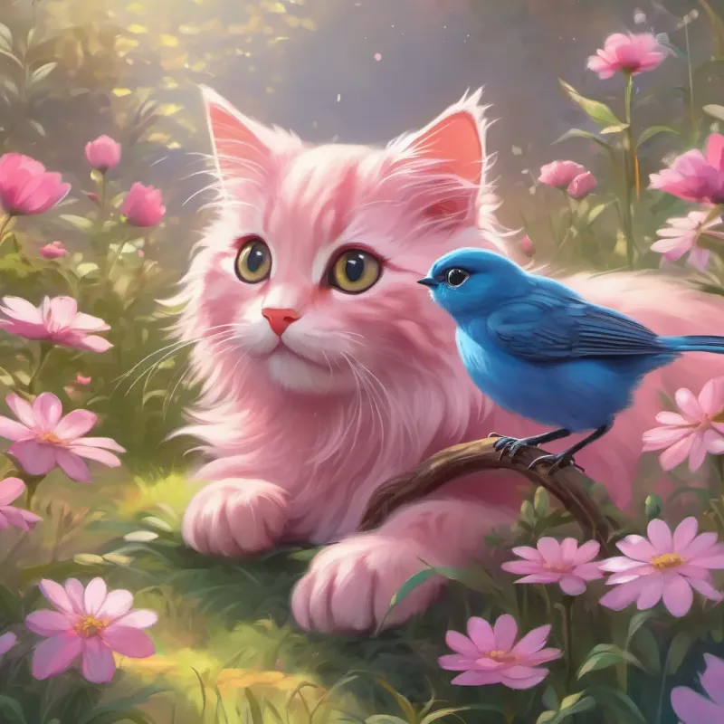 pink, soft-furred kitten with a curious and adventurous spirit, exploring the outdoors the pink kitten and the bluebird meeting an old turtle by the flowers in the meadow