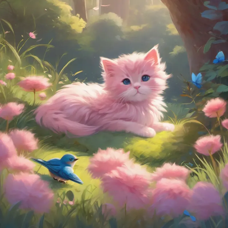pink, soft-furred kitten with a curious and adventurous spirit, exploring the outdoors the pink kitten snuggling into the soft grass, falling asleep while the bluebird and turtle watch over her