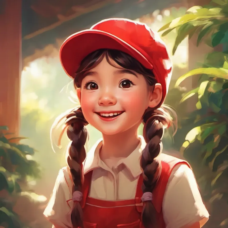 Girl with pigtails wearing a red hat, joyful expression is introduced, wearing pigtails and a red hat.