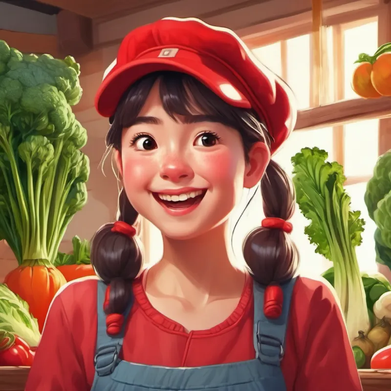 Girl with pigtails wearing a red hat, joyful expression expressing dislike for vegetables.