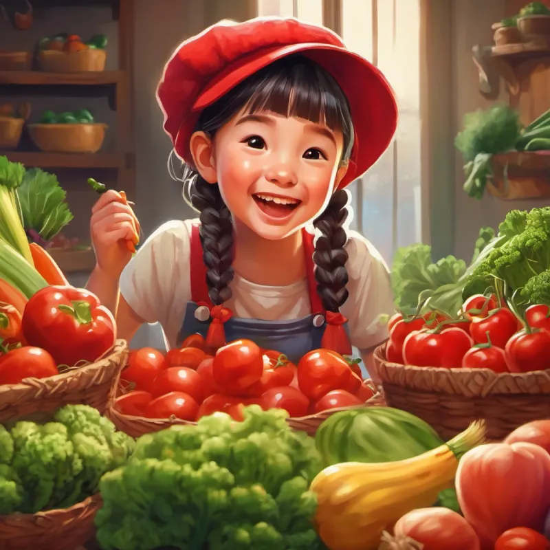 Girl with pigtails wearing a red hat, joyful expression now eats a variety of vegetables.