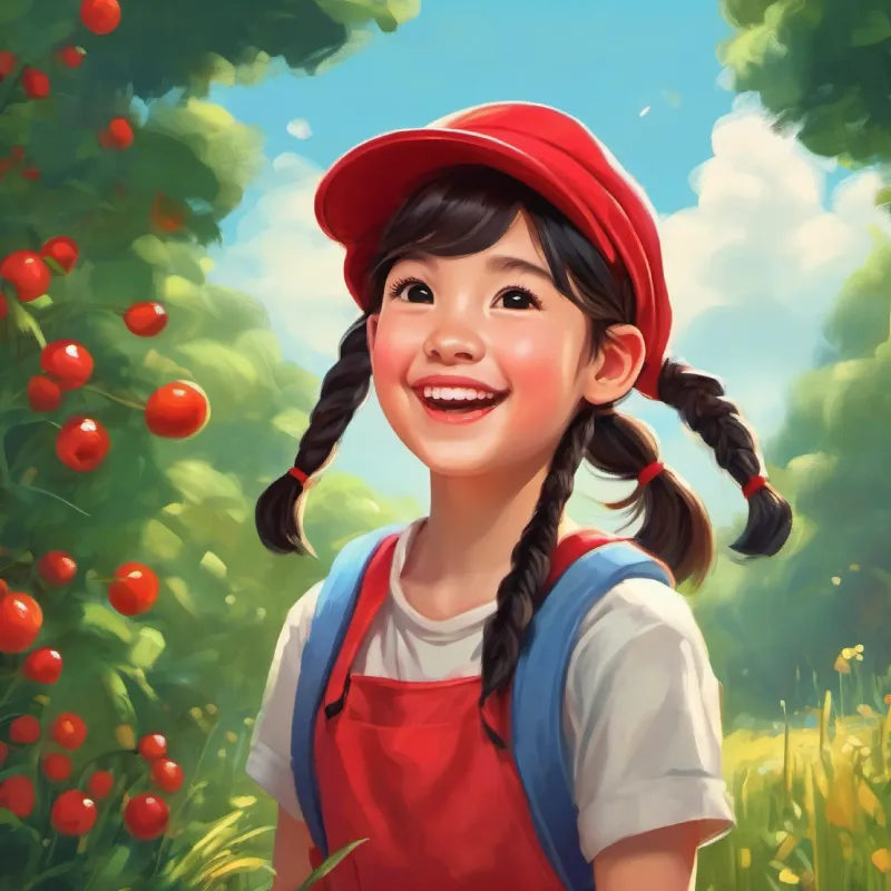 Girl with pigtails wearing a red hat, joyful expression grows stronger and taller from her healthy diet.