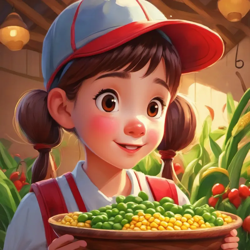 Girl with pigtails wearing a red hat, joyful expression refusing peas, corn, and beans.
