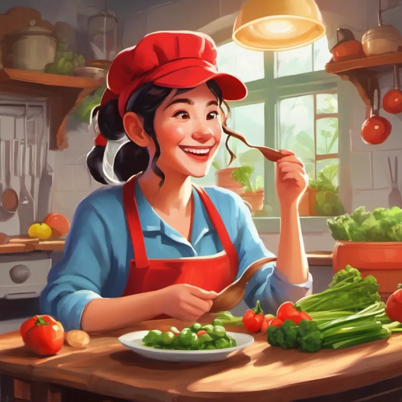Cheerful woman often seen with kitchen attire trying to persuade Girl with pigtails wearing a red hat, joyful expression to eat vegetables.