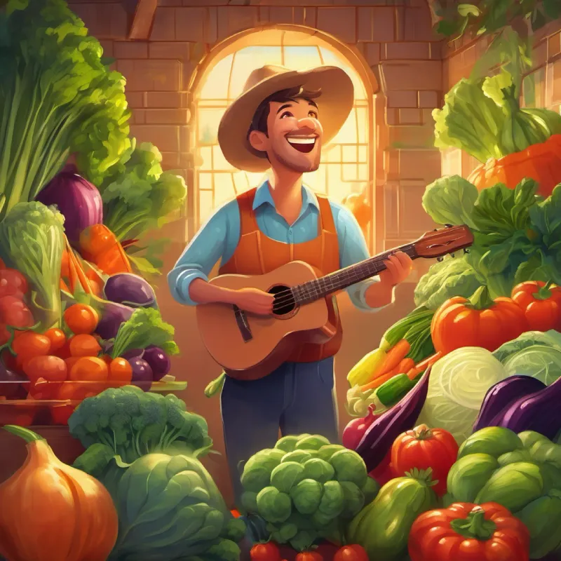 Smiling man with a playful presence sings a fun song about vegetables.