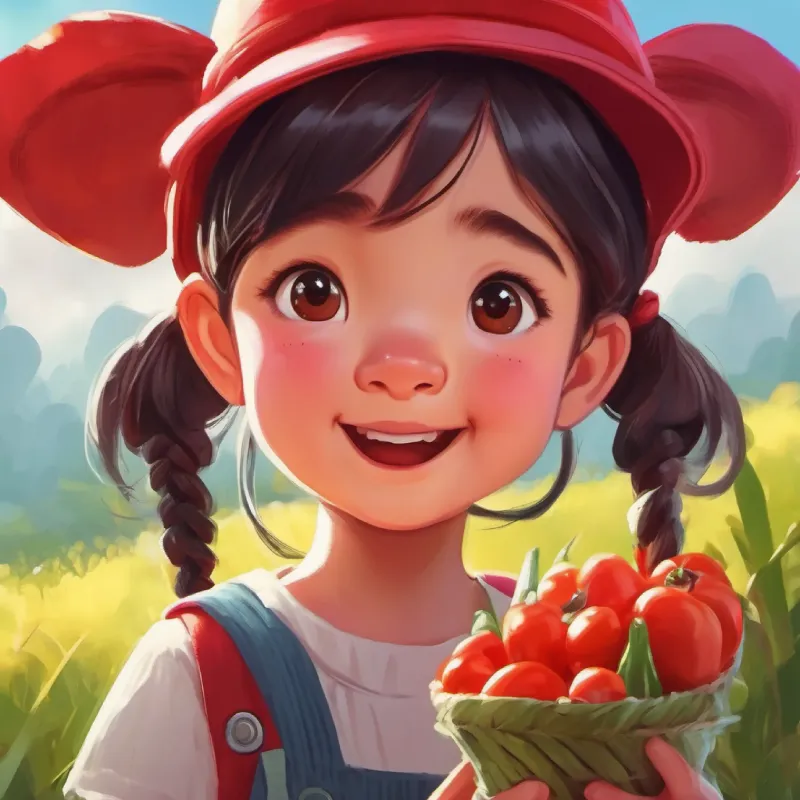 Girl with pigtails wearing a red hat, joyful expression is stubborn about not eating veggies.