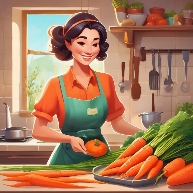 Cheerful woman often seen with kitchen attire cuts carrots into a fun, appealing shape.