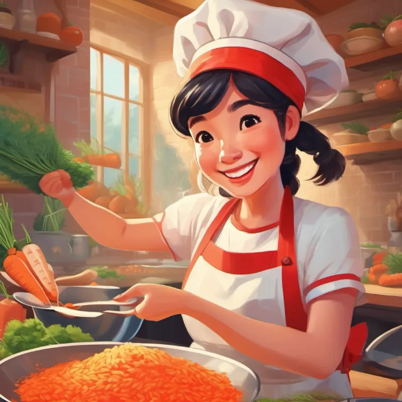 Cheerful woman often seen with kitchen attire mixes carrots into Girl with pigtails wearing a red hat, joyful expression's favorite rice dish.