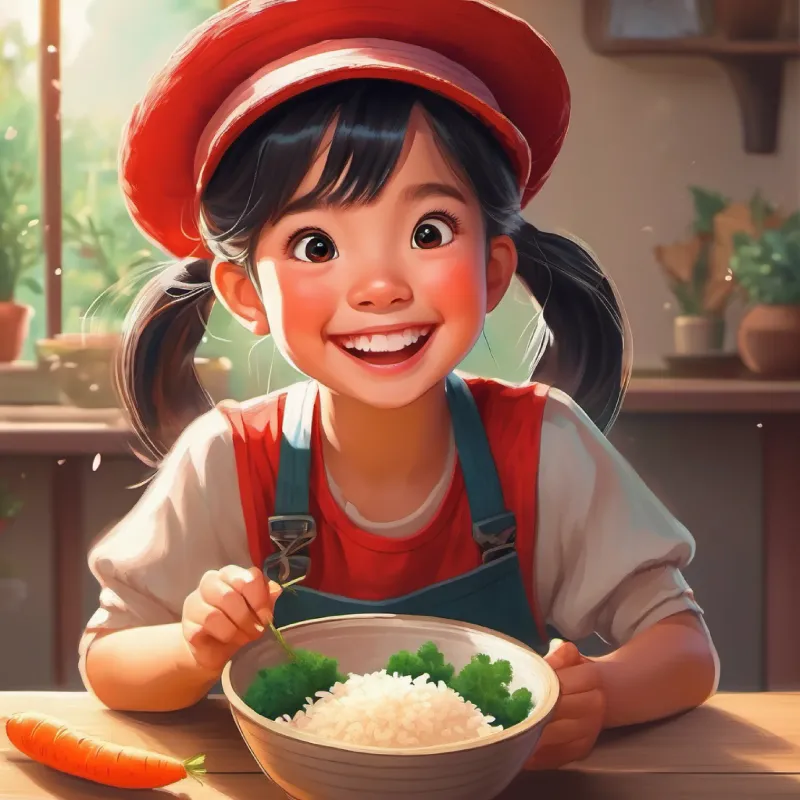 Girl with pigtails wearing a red hat, joyful expression eats the rice and enjoys the carrots unwittingly.