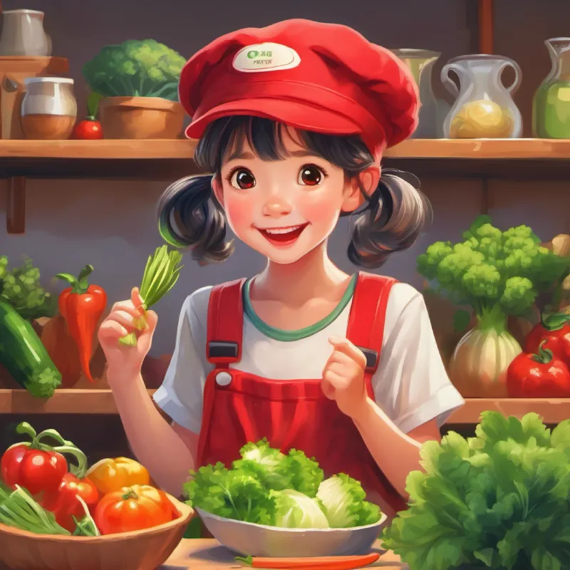 Girl with pigtails wearing a red hat, joyful expression begins accepting vegetables in her meals.