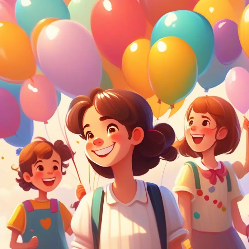 A happy girl with brown hair, brown eyes, and white skin with her friends, colorful balloons, and a delicious cake