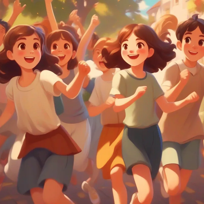 A happy girl with brown hair, brown eyes, and white skin and her friends playing games and dancing happily