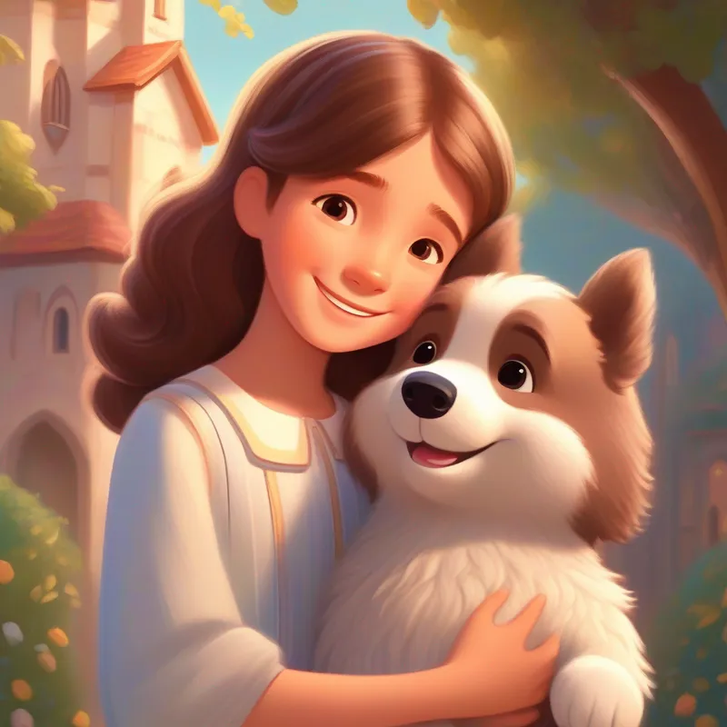 A happy girl with brown hair, brown eyes, and white skin hugging Amelia's friend who brought her a storybook with the storybook in her hands