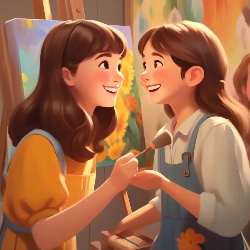 A happy girl with brown hair, brown eyes, and white skin admiring Amelia's friend with a talent for painting's painting with a big smile on her face