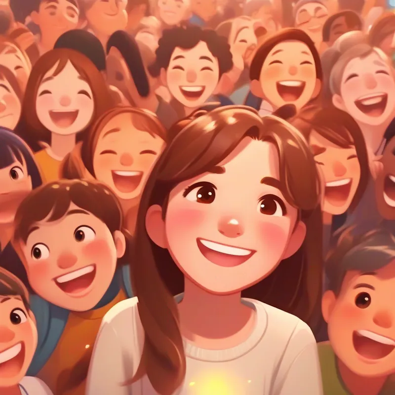 A happy girl with brown hair, brown eyes, and white skin surrounded by her friends, expressing gratitude