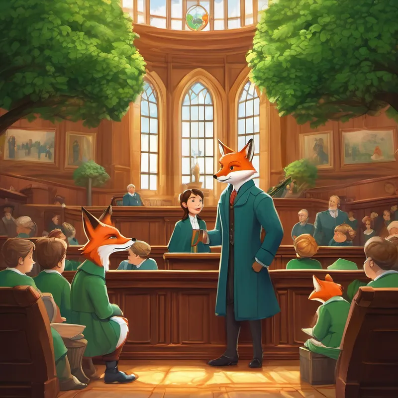 With a compassionate heart, Sir Theo agreed to defend the fox family in the courtroom. He gathered all the facts and evidence to prove their innocence. Sir Theo listened carefully to Mama Fox's side of the story and prepared himself to face the stern Judge Owl, who would decide their fate. In the courtroom, Sir Theo eloquently told the tale of the fox family's life, their kindness, and their love for vegetables. With each word, Sir Theo painted vivid pictures in the minds of the judge and the jury. He spoke of the cubs' love for playing hide-and-seek among the tall green carrot stalks, never once mentioning stealing.