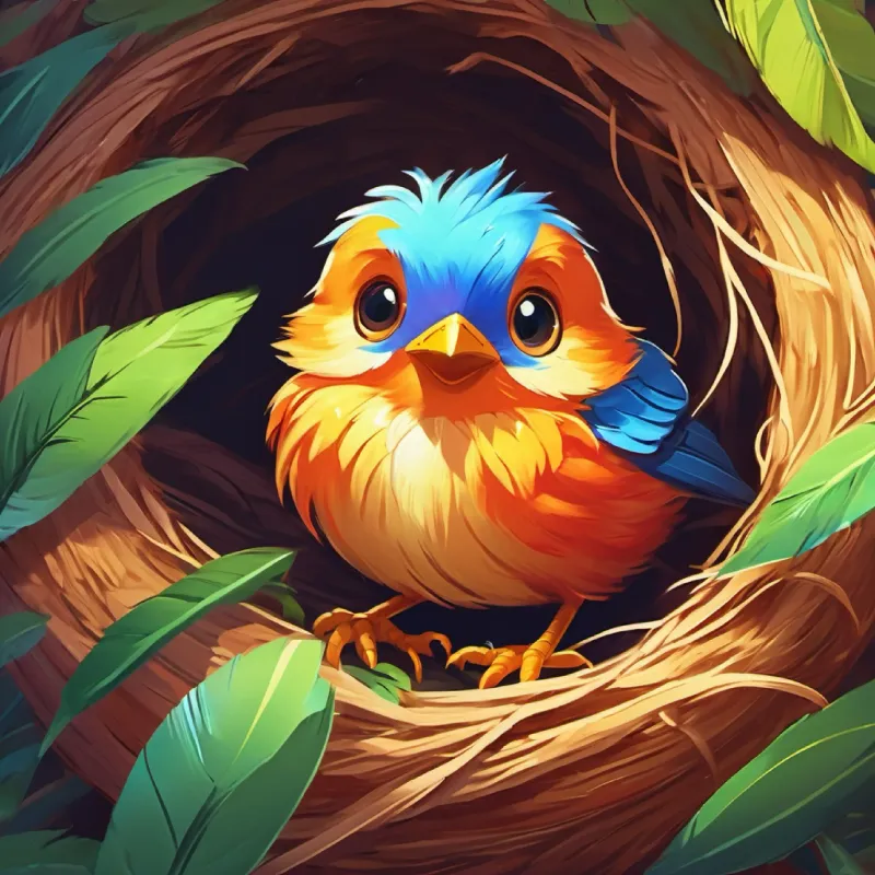 A small cheerful bird with bright feathers and curious eyes wakes up in his nest, ready for a big day ahead.