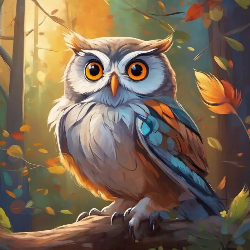 A small cheerful bird with bright feathers and curious eyes searches for worms, A wise old owl with soft, grey feathers and big eyes gives him advice.
