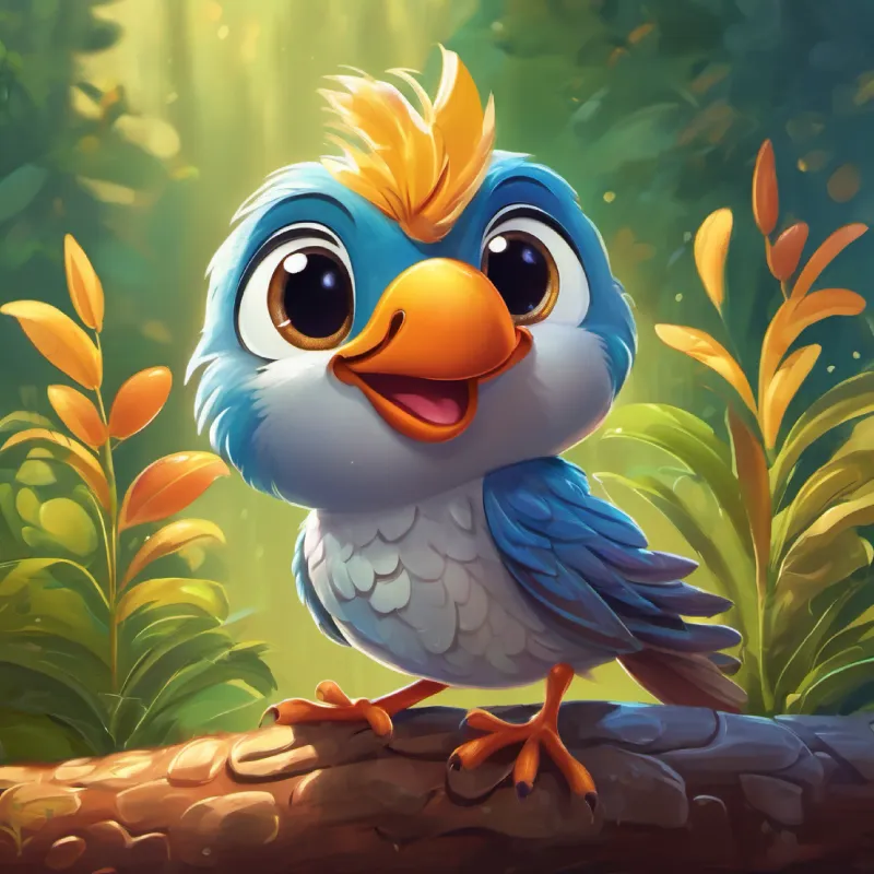 A small cheerful bird with bright feathers and curious eyes wakes up earlier and spots A friendly worm with a long, squiggly body and a big smile the worm.