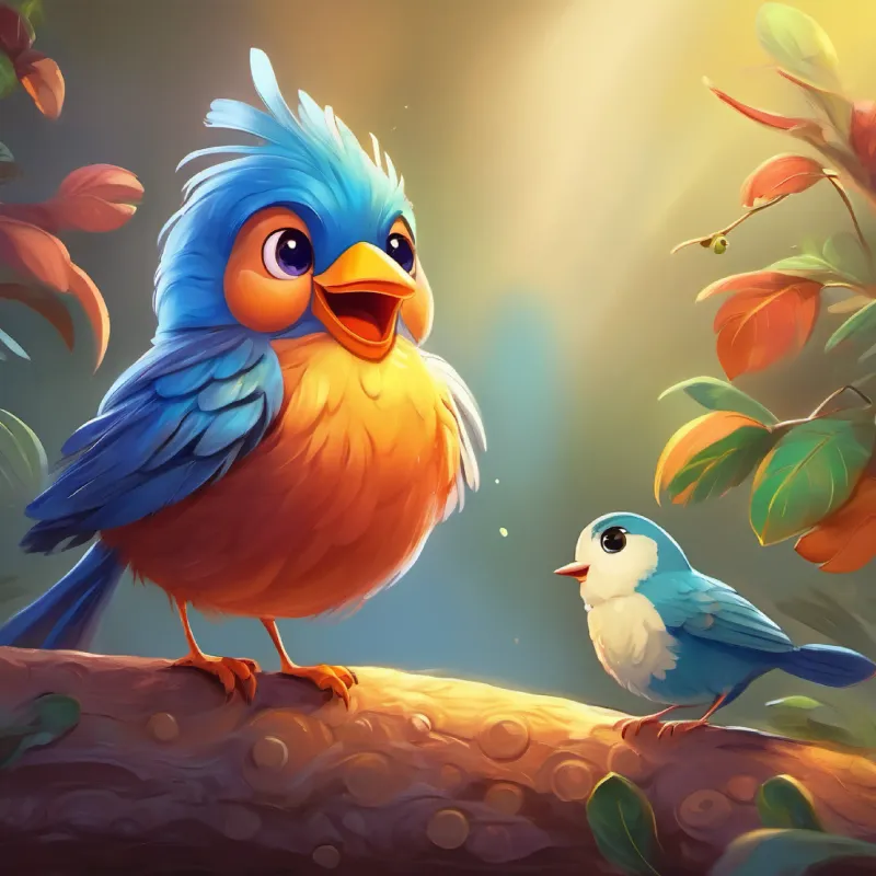 A small cheerful bird with bright feathers and curious eyes notices A friendly worm with a long, squiggly body and a big smile is sad, shows compassion.