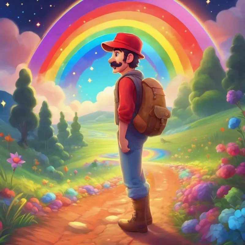 Man with red hat, mustache, blue eyes, and happy smile starts his quest on Rainbow Road, decides to find the lost stars.