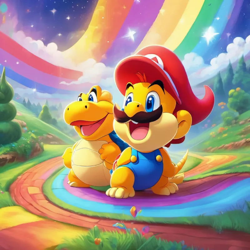 Man with red hat, mustache, blue eyes, and happy smile and Koopa try to catch a playful star on Rainbow Road.