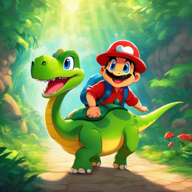 Man with red hat, mustache, blue eyes, and happy smile, Koopa, and now Friendly dinosaur, green skin, big eyes hit a cloud tunnel and continue the adventure.