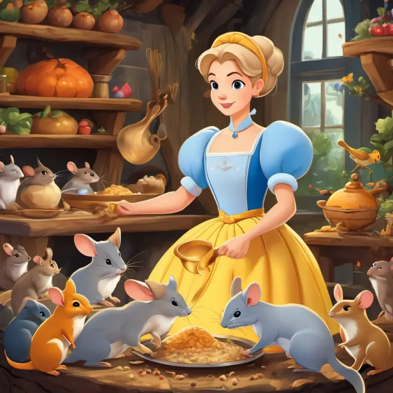 Cinderella is surrounded by mice, birds, and other woodland creatures as they help her prepare ingredients and practice her cooking skills. Their faces show determination and teamwork.