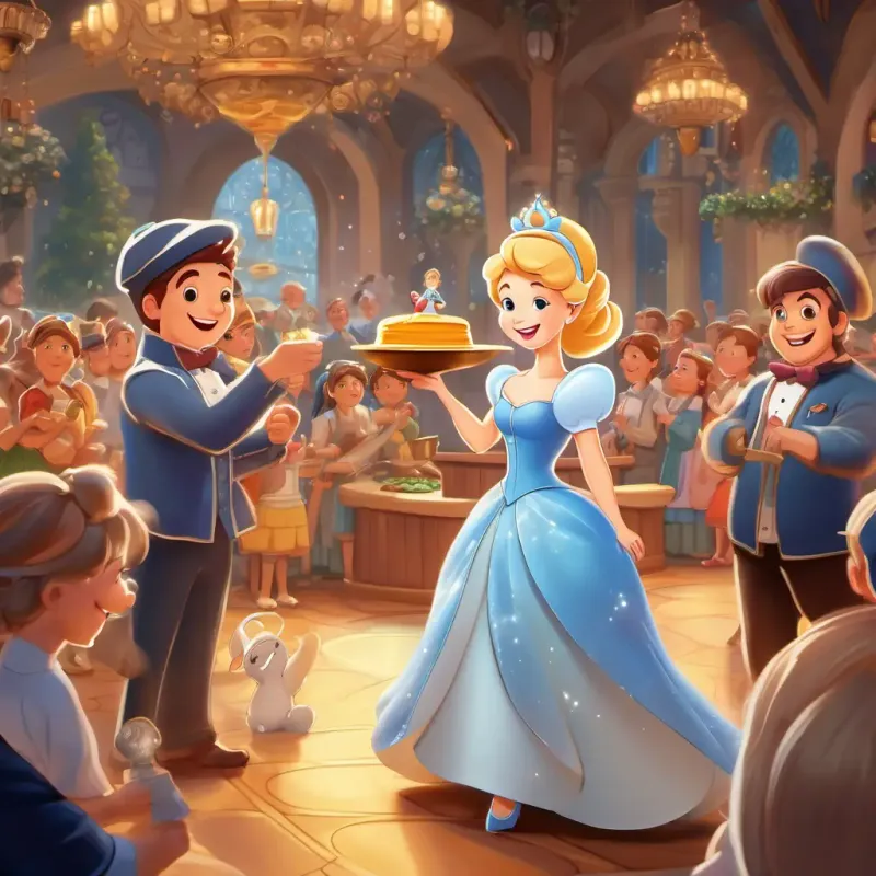 Cinderella stands on a podium with a chef's hat, holding a trophy with a beaming smile, surrounded by admirers and her friends. They show happiness and celebration.
