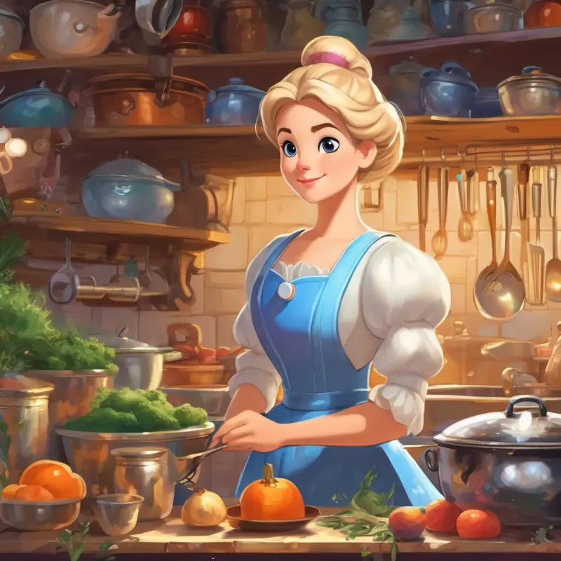Cinderella is in her sparkling kitchen, surrounded by pots, pans, and ingredients. Her face is filled with determination as she plans her culinary future.