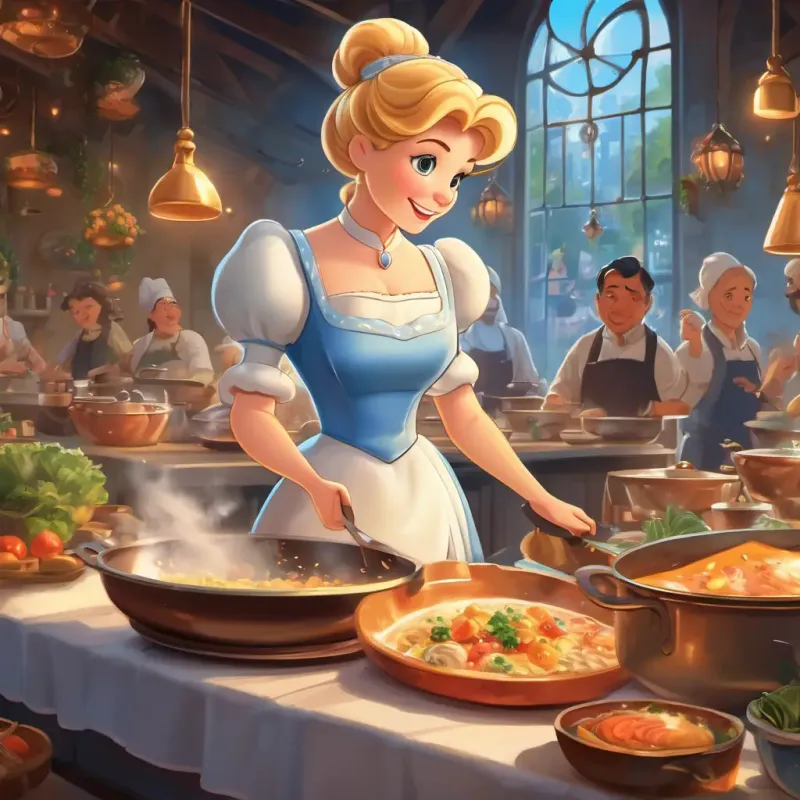 Cinderella is in a bustling cooking competition, bustling with activity and other chefs. She is bustling with energy and skill as she prepares her dishes, while judges and spectators look on in awe.
