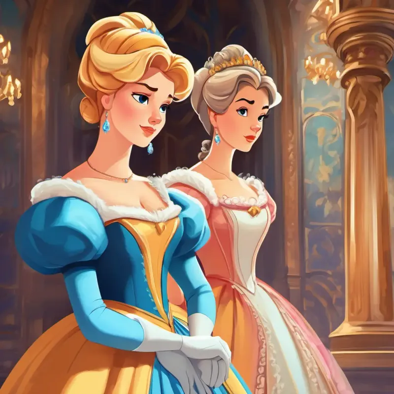 Cinderella's stepsisters stand in opulent dresses, looking down at her with disdain. Cinderella's face shows determination and grit as she ignores their words.