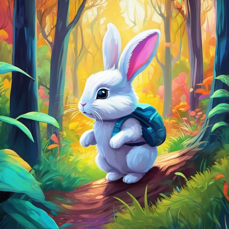 Curious bunny with inquisitive eyes and floppy ears bunny exploring colorful and magical forest