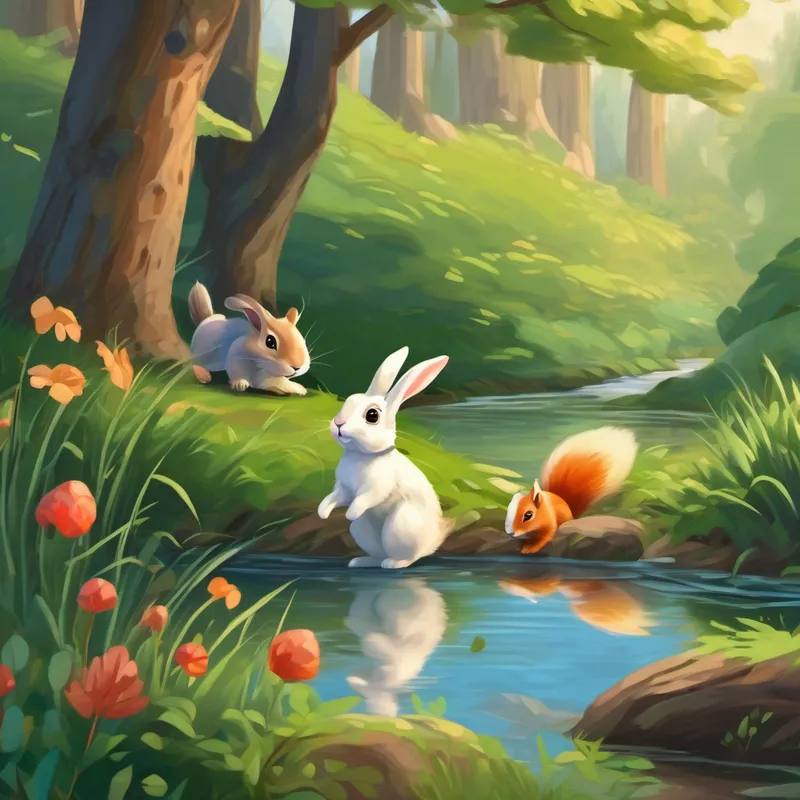Curious bunny with inquisitive eyes and floppy ears bunny and squirrel rushing towards the riverbank
